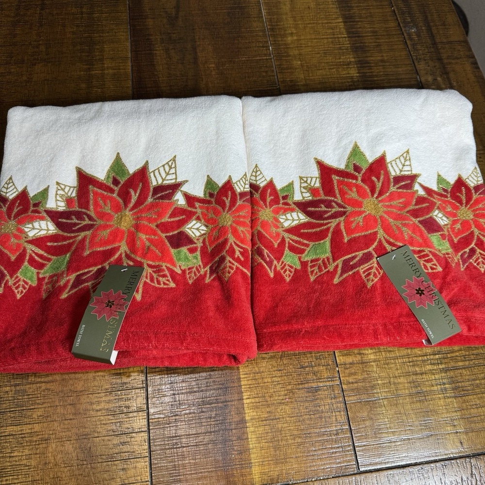 Vtg NOS 90's Merry Christmas Poinsettia Holiday Bath Towels 2pc‎ Set OEKO-TEX